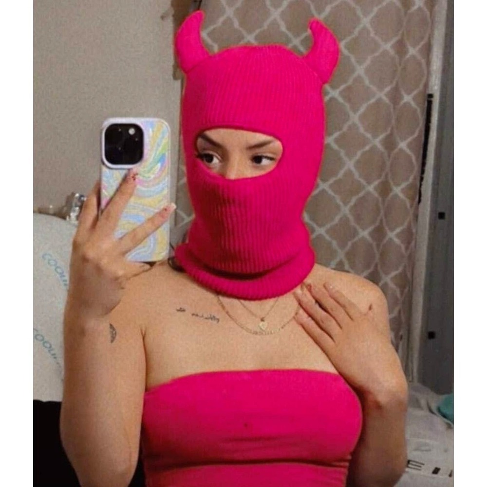New‎ Vegan Pink Devil Knit Balaclava Ski Mask Full Face Hoodie Cover Beanie Hat